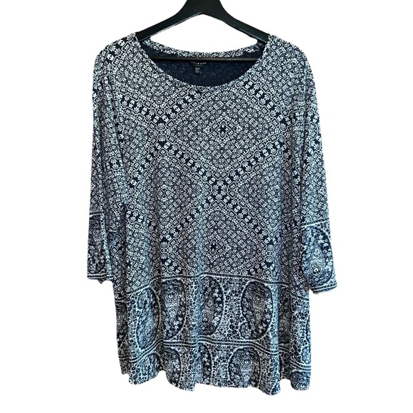 Lucky Brand Paisley Print Tunic Top Womens 2X Black Cream 3/4 Sleeve Boho Blouse - Picture 1 of 11